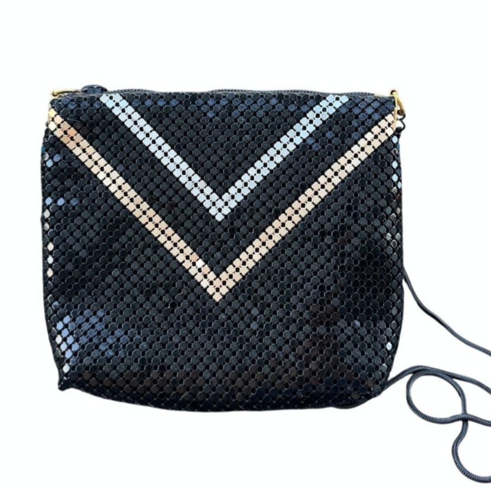 Vintage Black Metal Mesh Crossbody Purse Chevron Gold Silver Stripe Evening Bag